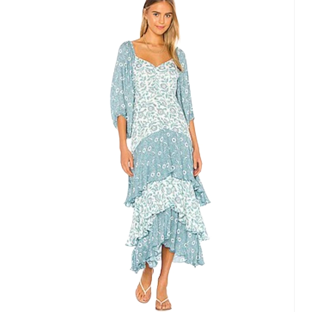 Jen's Pirate Booty Comoros Blue Floral Tiered Maxi Dress Medium